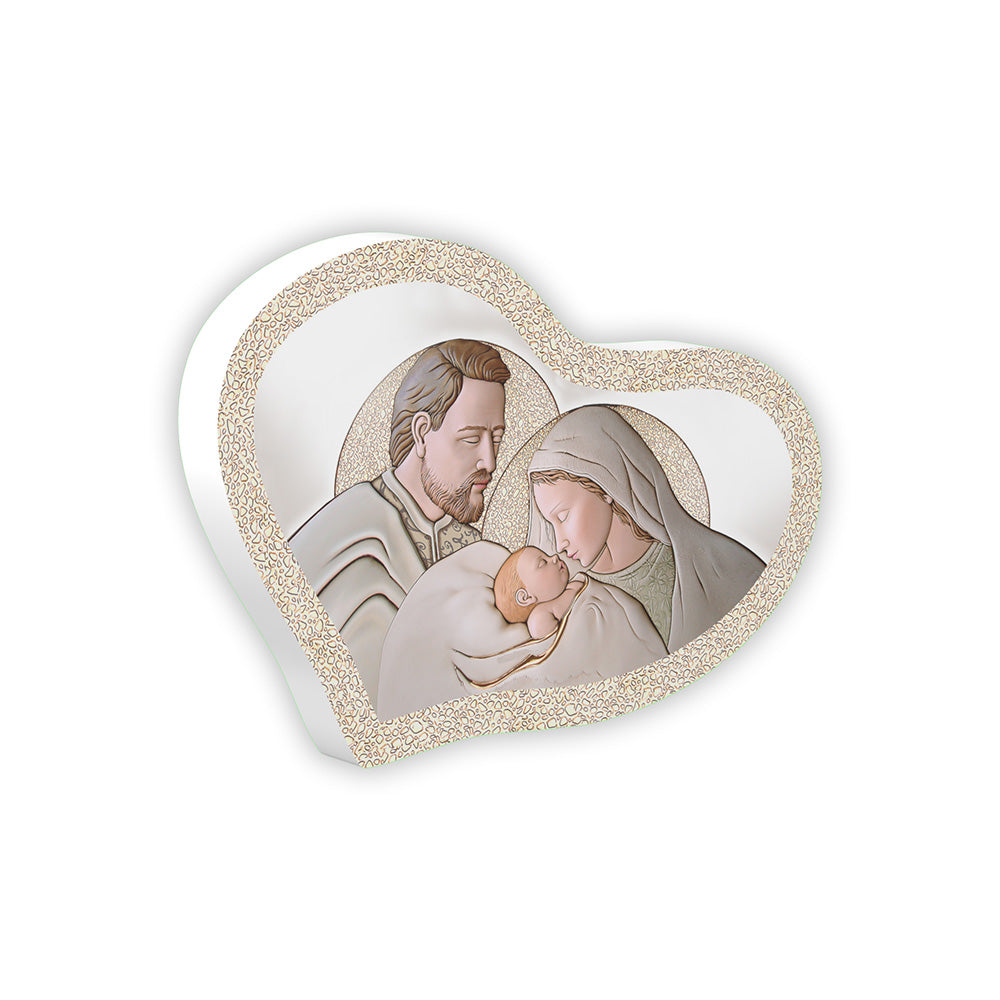 Bomboniera a cuore bianco Sacra Famiglia effetto mosaico argento, bordo avorio dorato, Maria Giuseppe e Gesù Bambino
