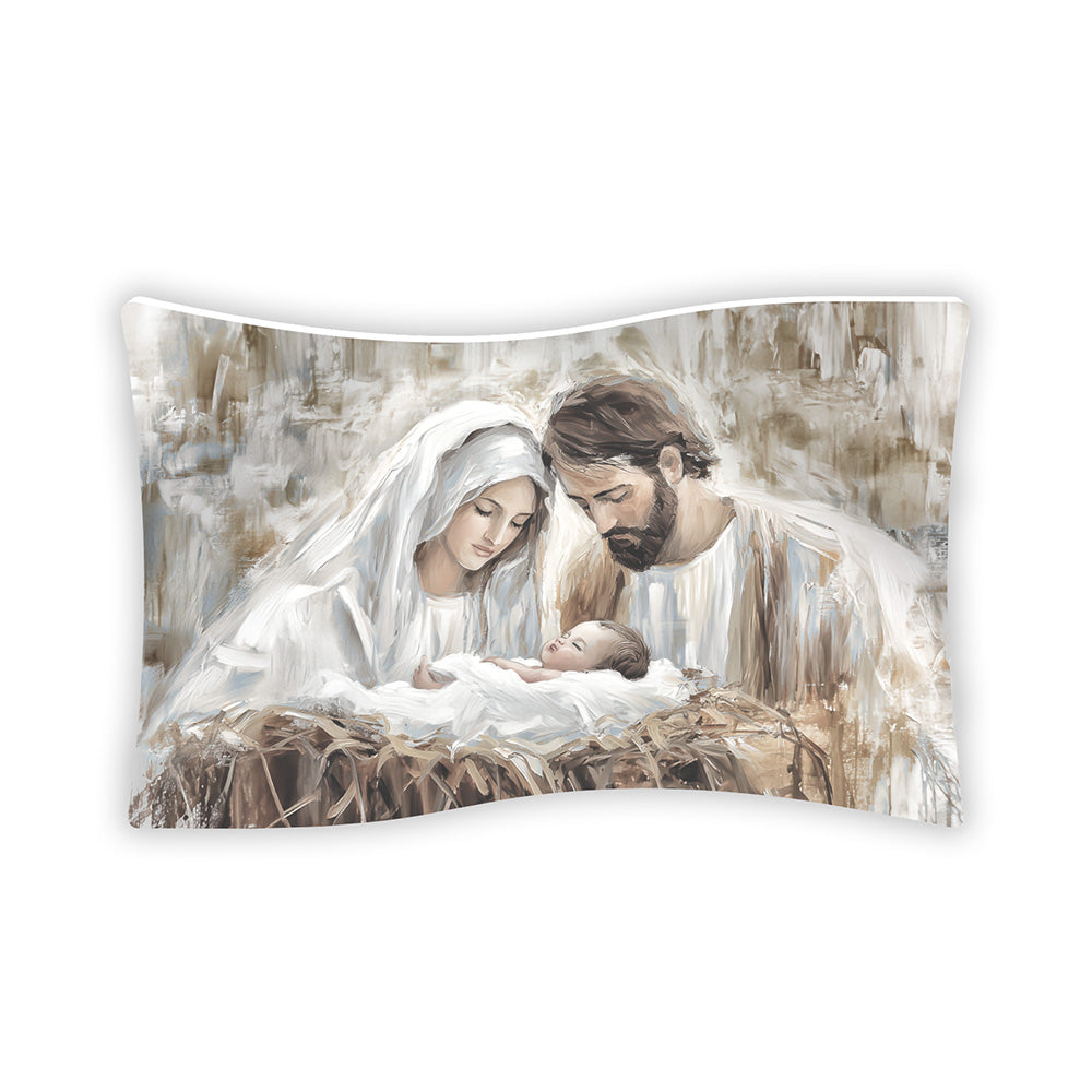 Bomboniera flag Sacra Famiglia, raffigurazione contemporanea di Maria e Giuseppe in bianco che vegliano il Bambino Gesù nella culla di paglia, toni caldi beige