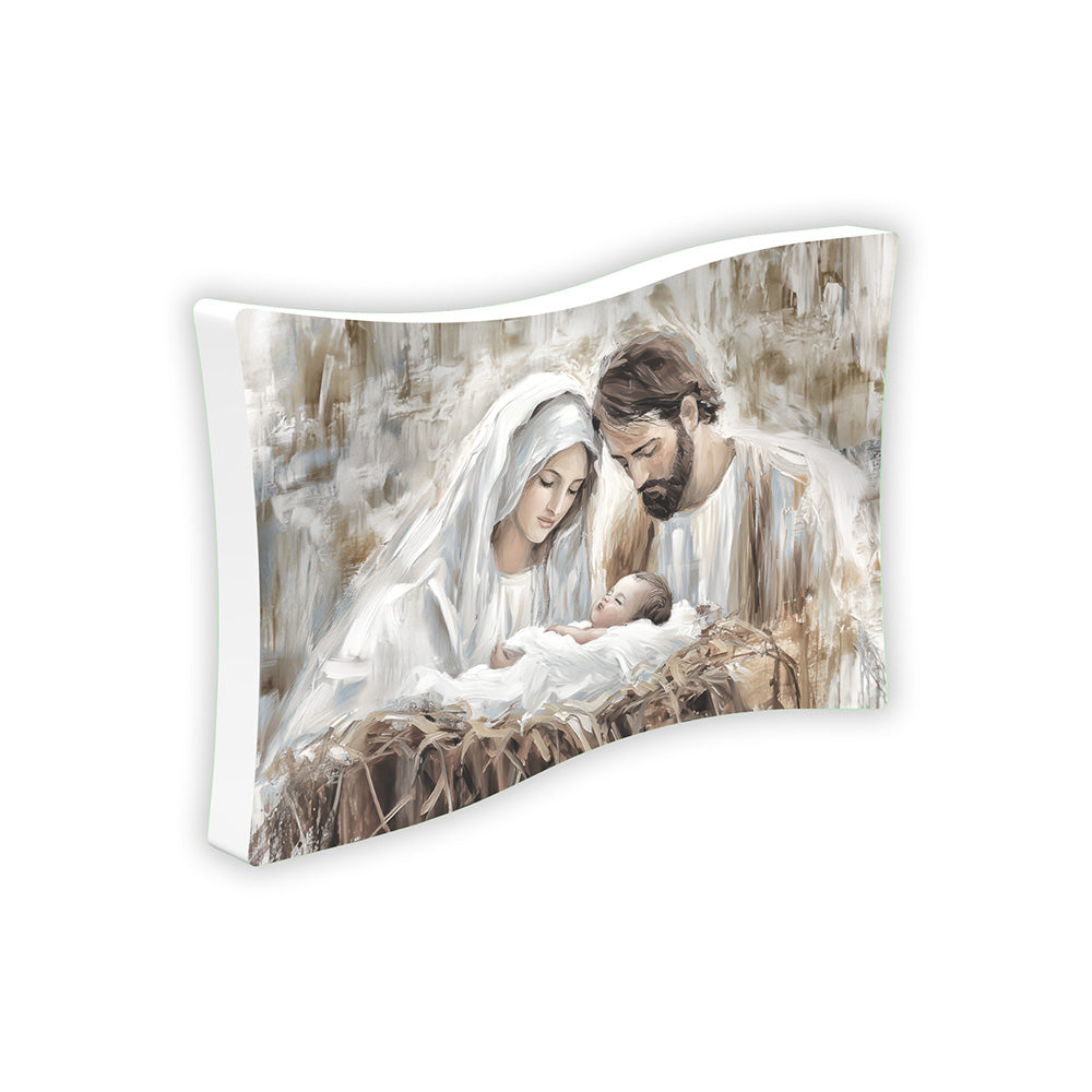 Bomboniera flag Sacra Famiglia in, stampa moderna con Maria, Giuseppe e Gesù Bambino nella mangiatoia avvolti in vesti bianche e dorate, vista laterale