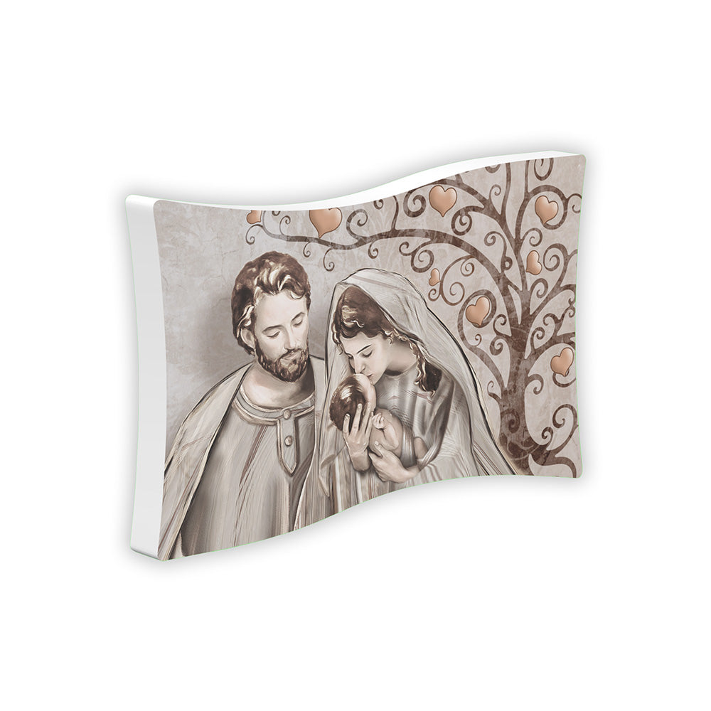 Bomboniera flag Sacra Famiglia con albero della vita, Maria che bacia il Bambino Gesù affiancata da Giuseppe, rami decorativi con cuori su sfondo marmo beige