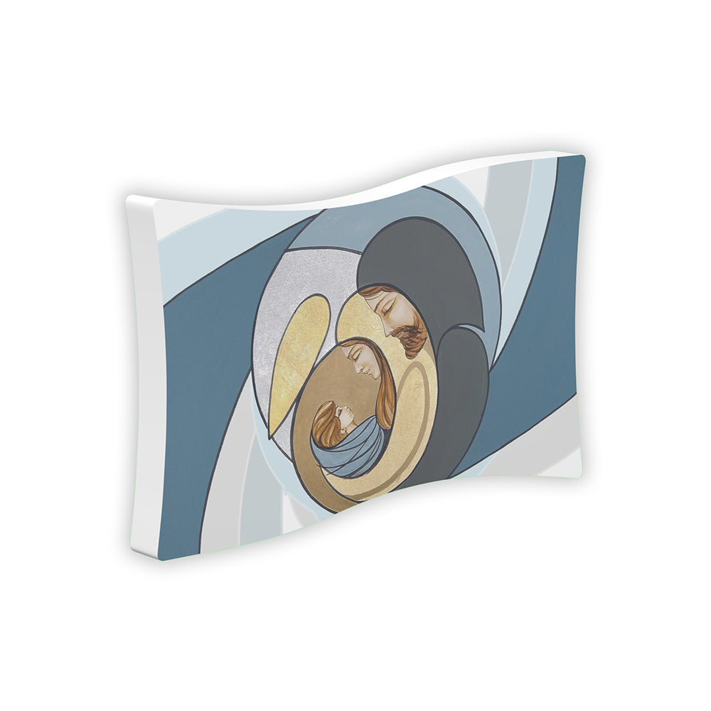 Bomboniera flag Sacra Famiglia design moderno, composizione astratta blu e grigio con Maria, Giuseppe e Bambino Gesù in oro e blu, forme geometriche sovrapposte