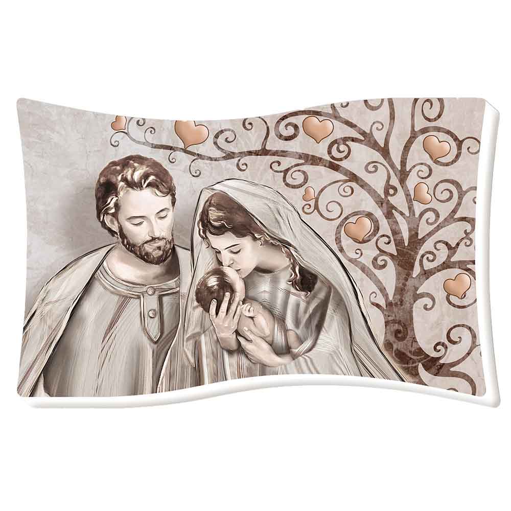 Bomboniera in legno con la Sacra Famiglia e albero della vita, design stilizzato che esprime amore e protezione, perfetto per eventi religiosi.