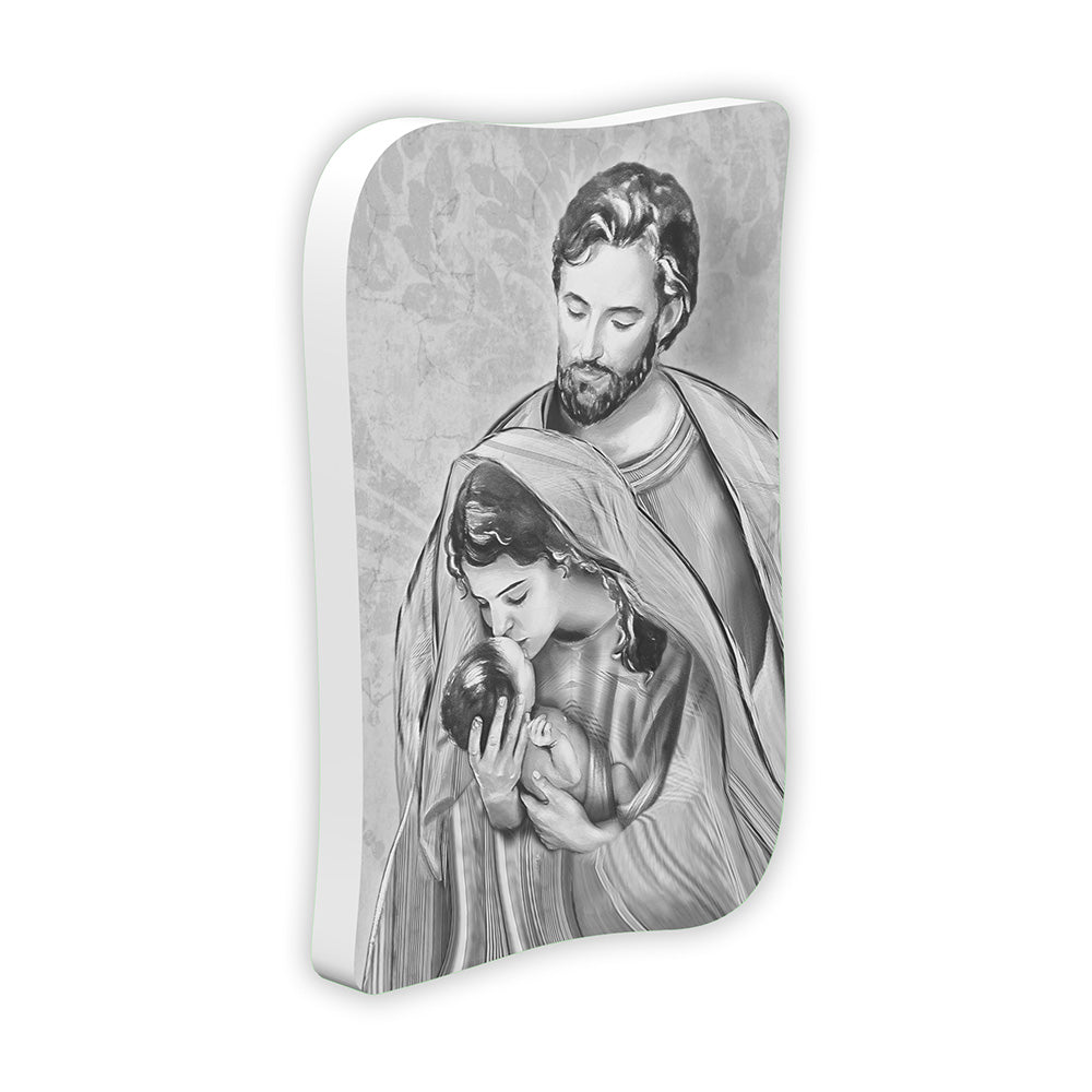 Bomboniera Sacra Famiglia in bianco e nero, Madonna che bacia Gesù Bambino tra le mani, San Giuseppe su sfondo grigio