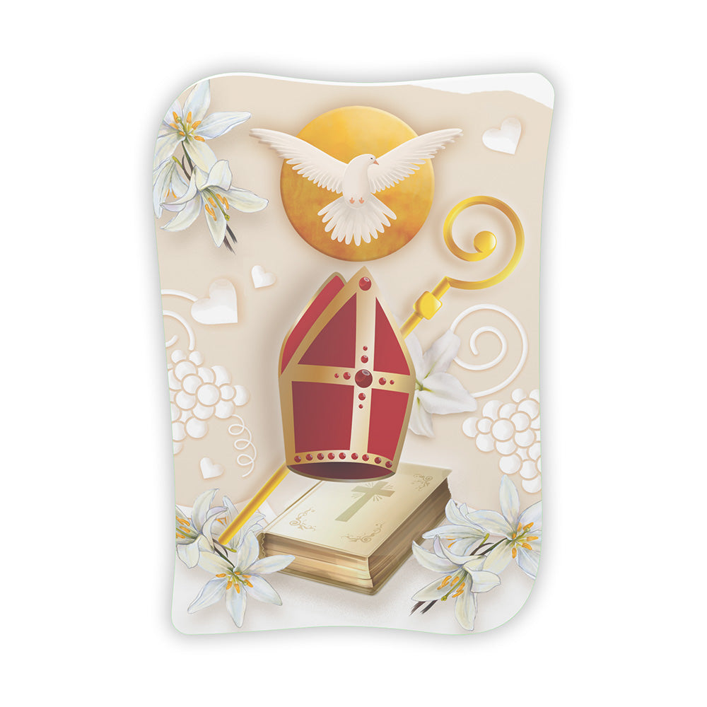 Bomboniera Cresima vista frontale con mitra vescovile rossa oro, pastorale, colomba bianca su sole dorato e libro sacro con croce tra gigli bianchi