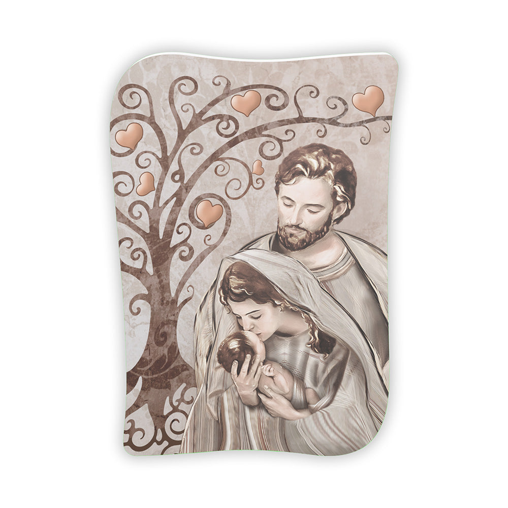 Bomboniera verticale con Sacra Famiglia e grande albero della vita decorato da cuori metallici, su sfondo beige dai motivi floreali ricurvi.