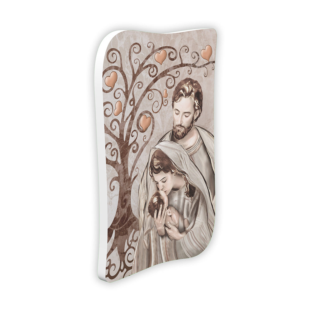 Bomboniera Sacra Famiglia con albero della vita intrecciato, Madonna con Gesù Bambino e San Giuseppe, cuori rosa champagne su sfondo marmor