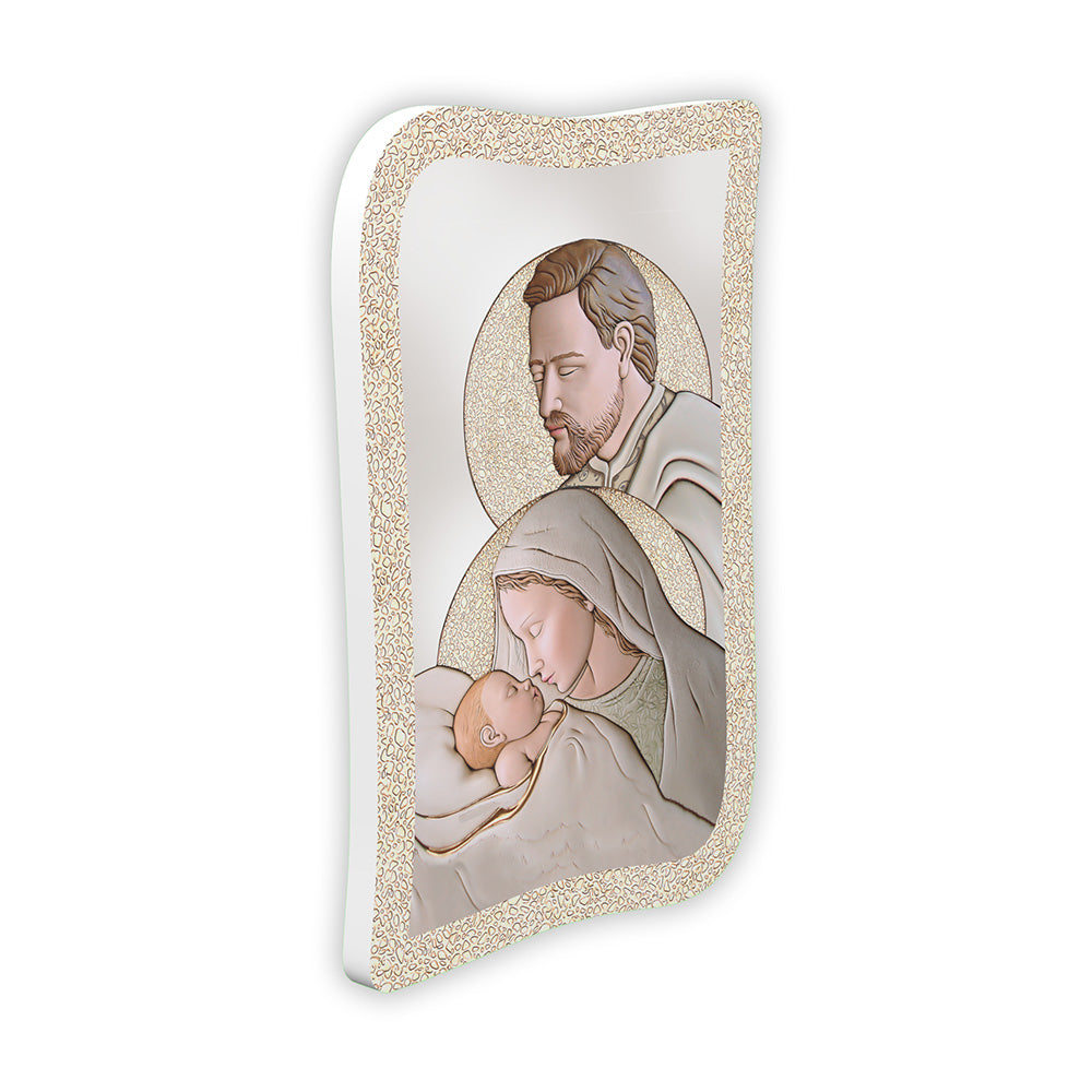 Bomboniera Sacra Famiglia avorio e oro con Madonna che bacia Gesù Bambino e San Giuseppe, bordo mosaico floreale dorato