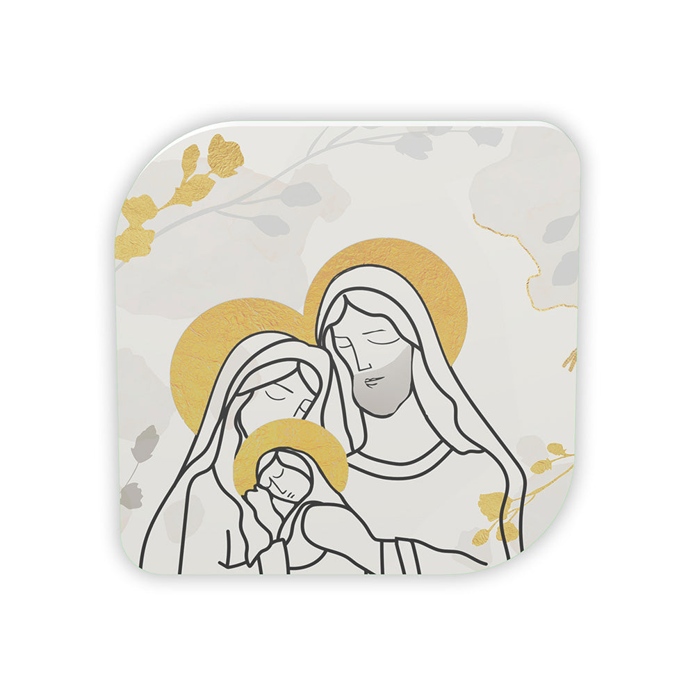 Bomboniera sacra quadrata con Sacra Famiglia stilizzata, aureole dorate e rametti oro e grigio su fondo bianco perlato