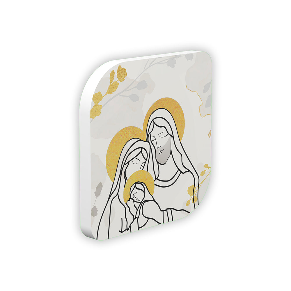 Bomboniera sacra quadrata vista laterale, decoro Sacra Famiglia stilizzato con foglie grigie e oro su fondo bianco