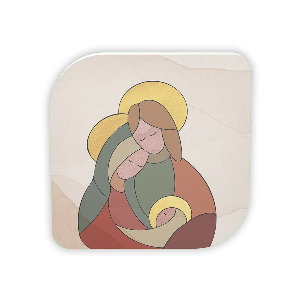 Bomboniera quadrata con Madonna, Giuseppe e Bambino in forme geometriche, palette terracotta e verde salvia, aureola oro, fondo beige acquerello