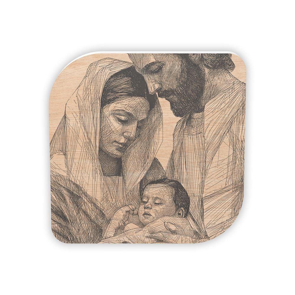 Bomboniera quadrata con Sacra Famiglia su sfondo color legno naturale, tratteggio a inchiostro scuro con Maria, Giuseppe e Gesù Bambino