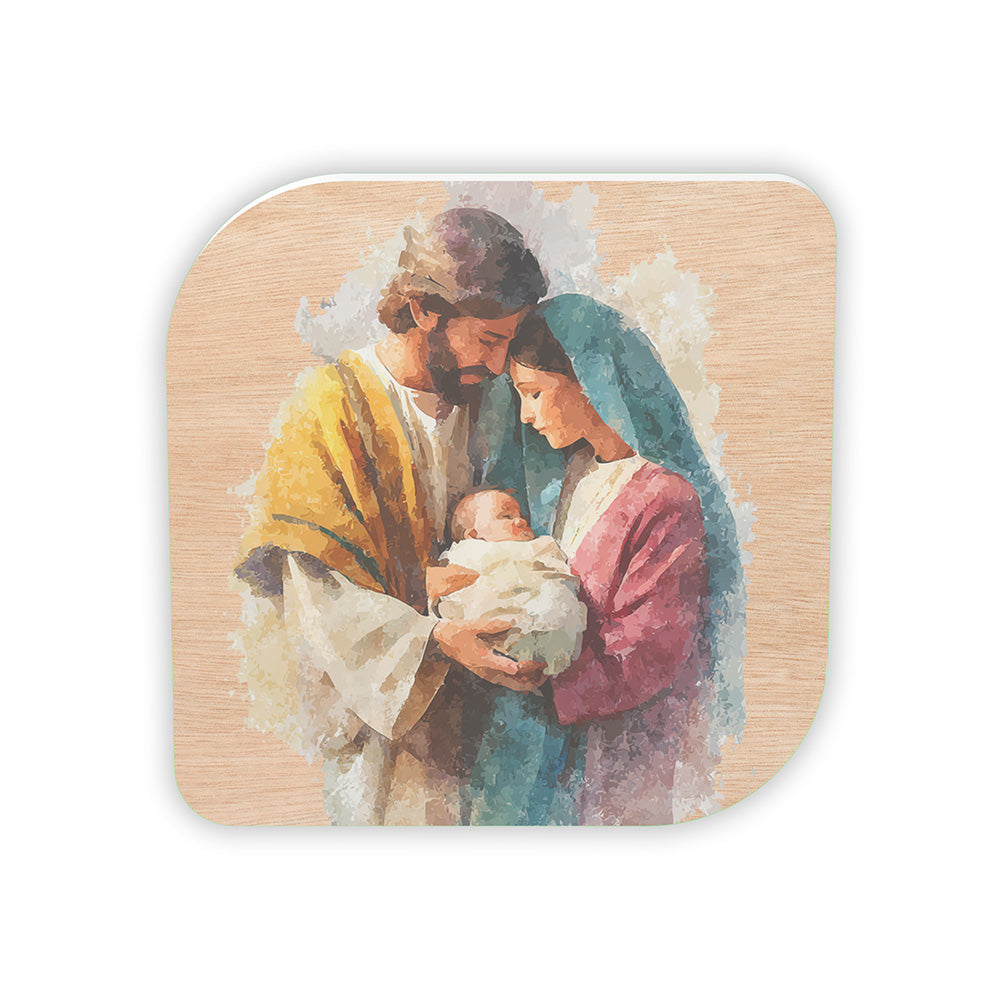 Bomboniera quadrata su legno con Sacra Famiglia ad acquerello, Giuseppe in giallo ocra, Maria in blu e rosa, Gesù Bambino in fascia bianca