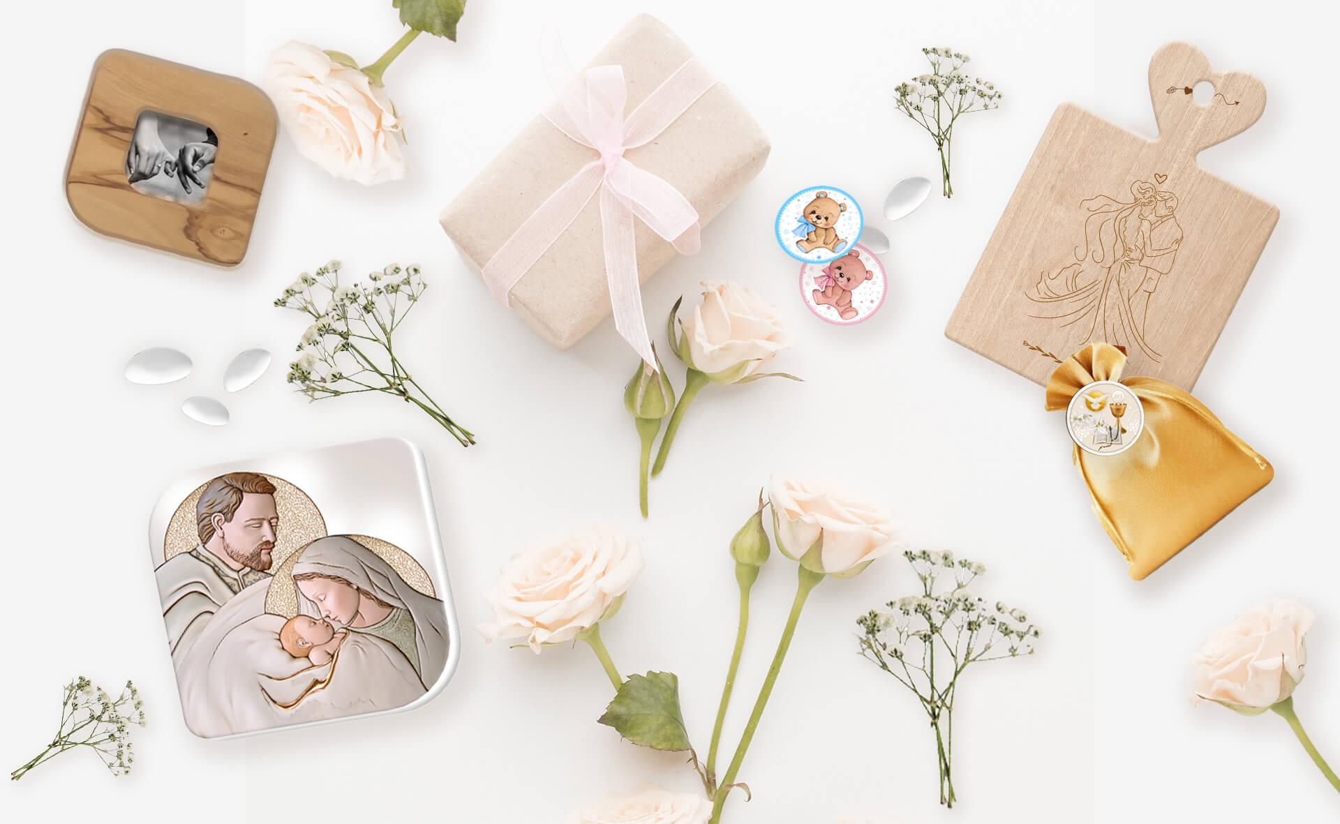 Bomboniere eleganti per matrimonio e battesimo: icone sacre, tagliere, portafoto in ulivo e magneti.