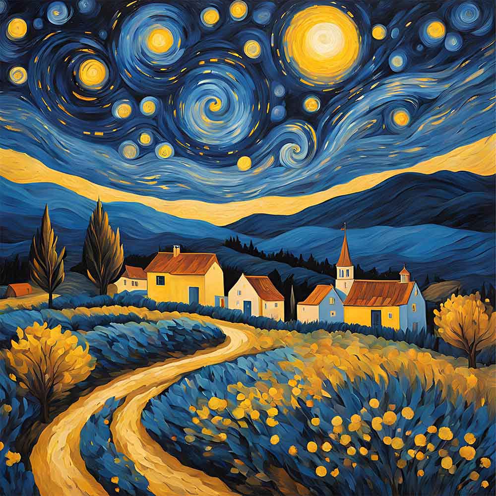 Sottopentola in ceramica quadrata con un cielo stellato blu intenso, con dettagli luminosi che evocano una notte serena e magica.