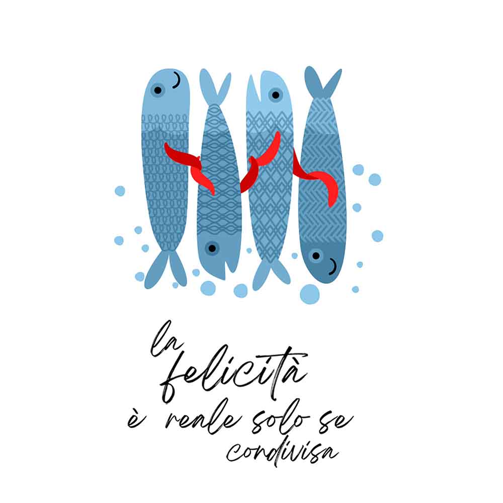 Sottopentola in ceramica quadrata con un'illustrazione artistica di pesci colorati in stile marino, su sfondo chiaro con dettagli acquatici.