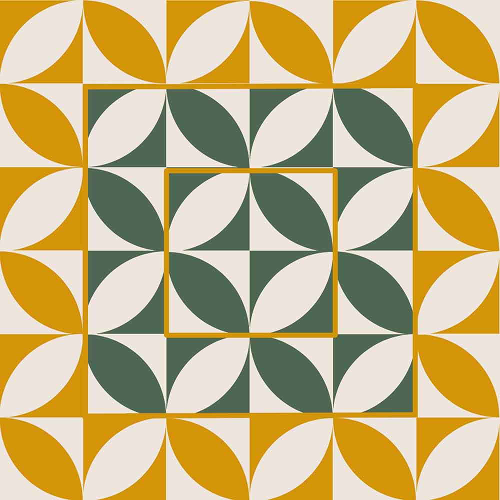 Sottopentola in ceramica quadrata con motivi geometrici colorati, creando un'armonia di forme e tonalità per un effetto decorativo moderno.