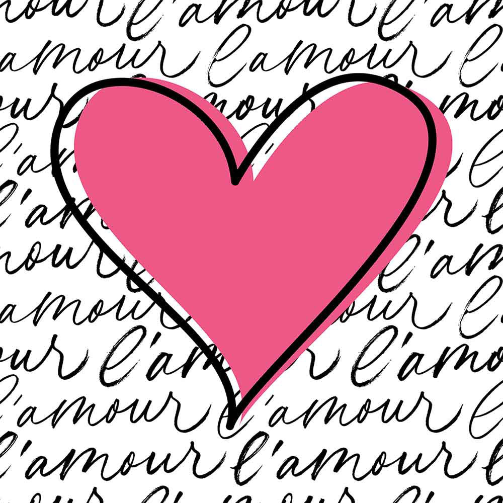 Sottopentola in ceramica quadrata con cuore rosa al centro e sfondo con scritte “l’amour”, design armonioso che esprime amore e calore con eleganza.