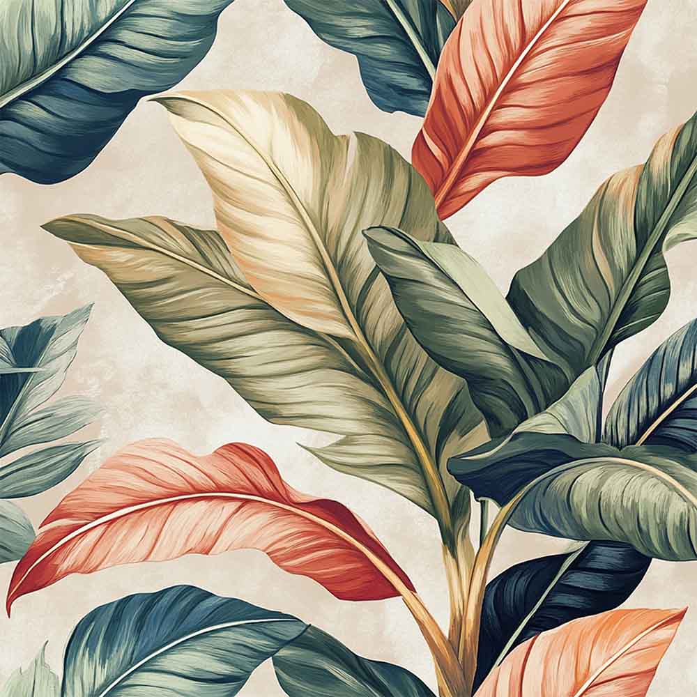 Sottopentola in ceramica con decorazione di foglie tropicali verdi, crema e arancioni su sfondo chiaro, dall'aspetto elegante e naturale