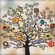 Sottopentola in ceramica con un disegno stilizzato di un albero con rami e foglie geometriche, ispirato alla natura minimalista.