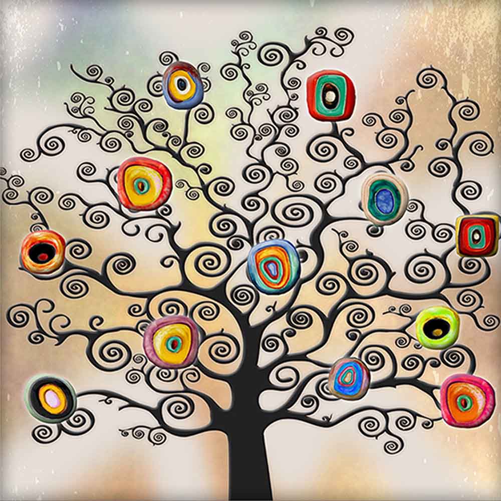 Sottopentola in ceramica con un disegno stilizzato di un albero con rami e foglie geometriche, ispirato alla natura minimalista.