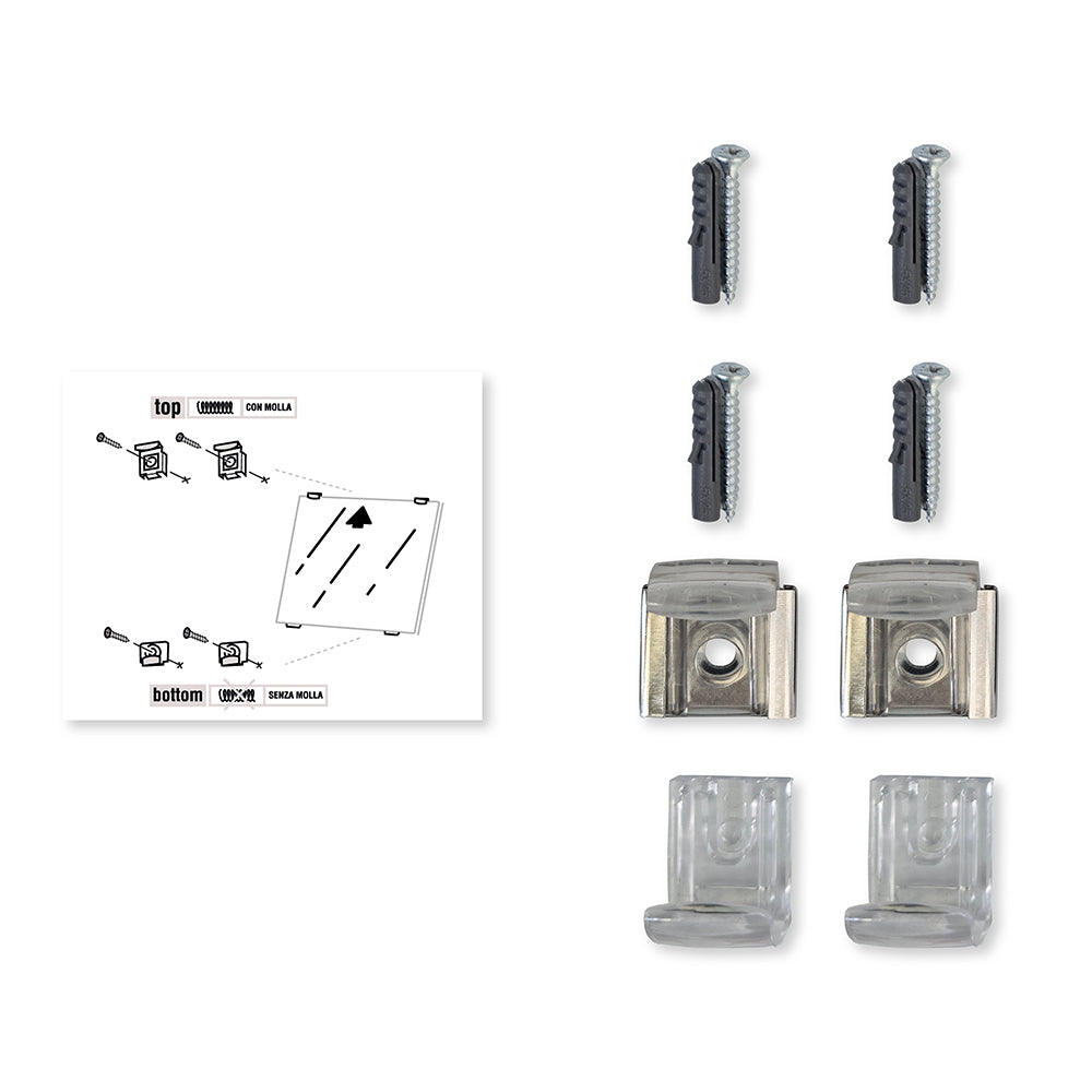 Ganci fermaspecchio a molla con kit completo: 4 tasselli e viti, 2 supporti superiori con molla e 2 inferiori senza molla.