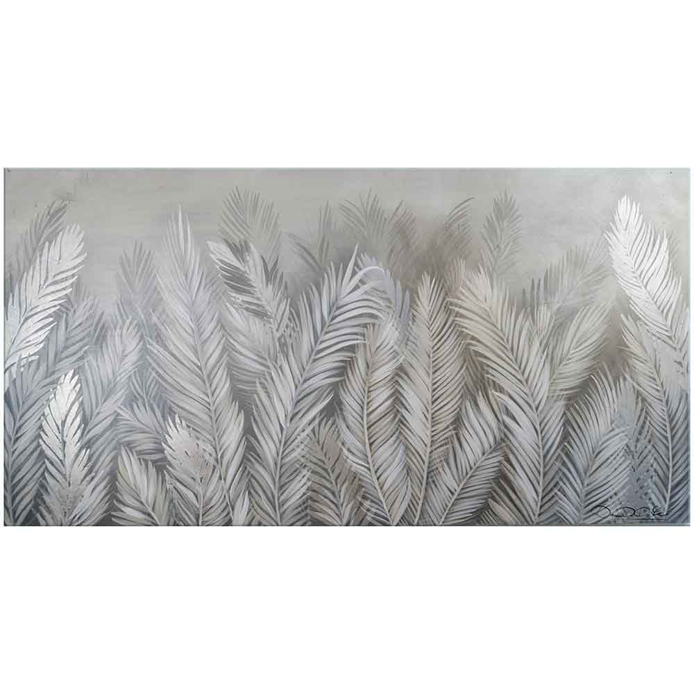 Quadro in plexiglass o vetro con foglie tropicali argentate, ideale per un ambiente moderno e luminoso.