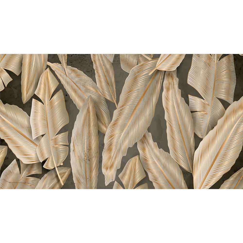 Quadro in plexiglass o vetro con foglie tropicali dorate su sfondo scuro, perfetto per un ambiente lussuoso e raffinato.