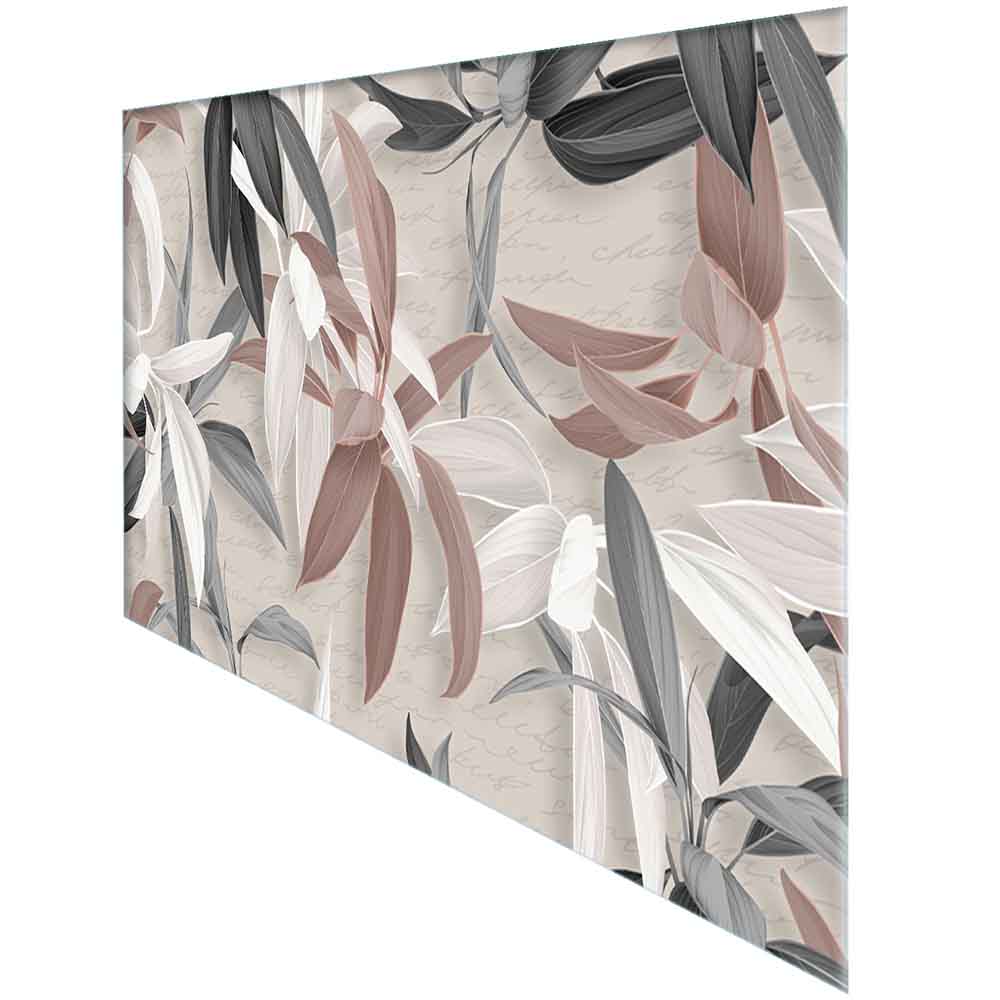 Quadro in plexiglass o vetro con foglie esotiche rosse, gialle e verdi, vista angolare con effetto lucido evidente.