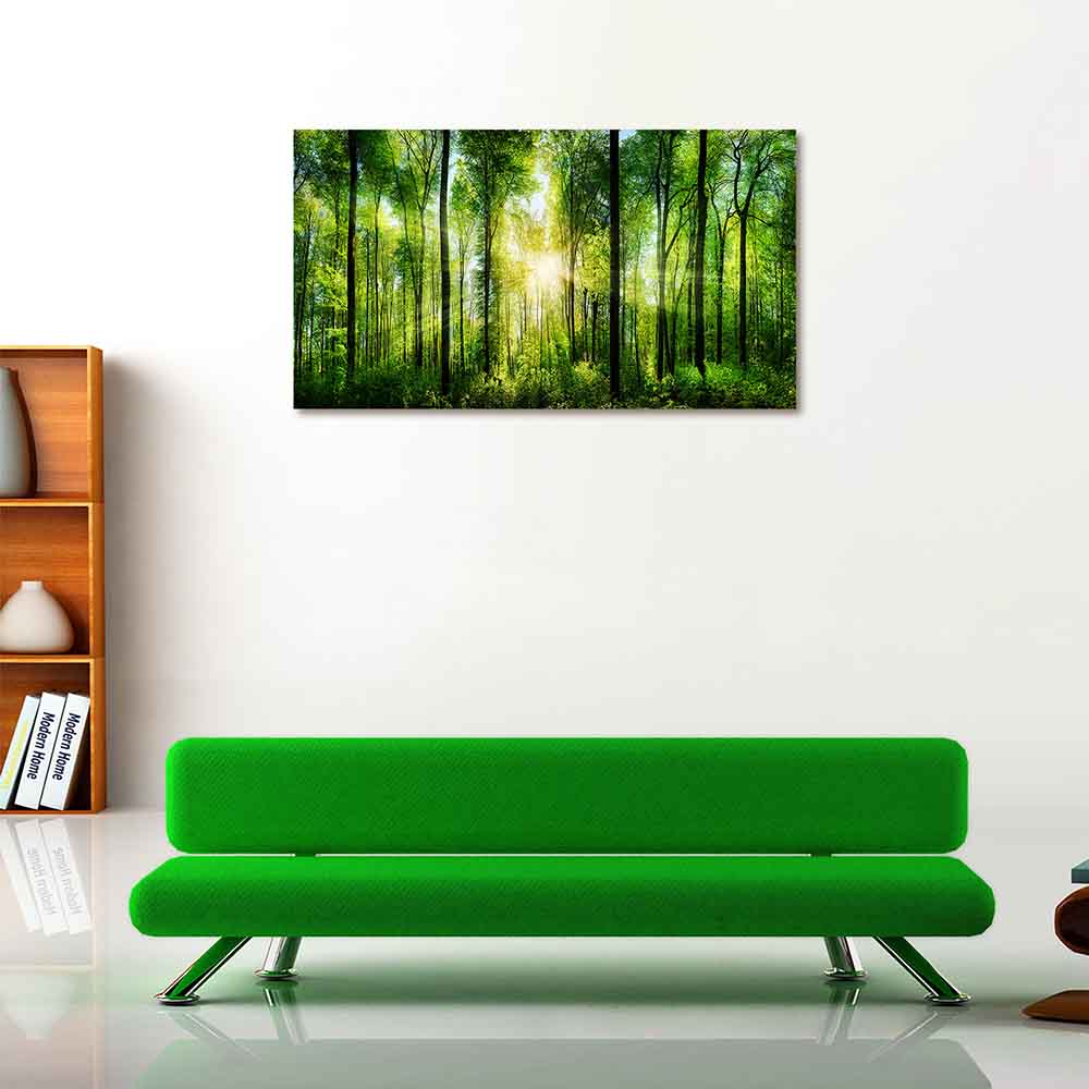 Quadro in plexiglass o vetro con un bosco illuminato, posizionato in soggiorno per un effetto naturale e rilassante.