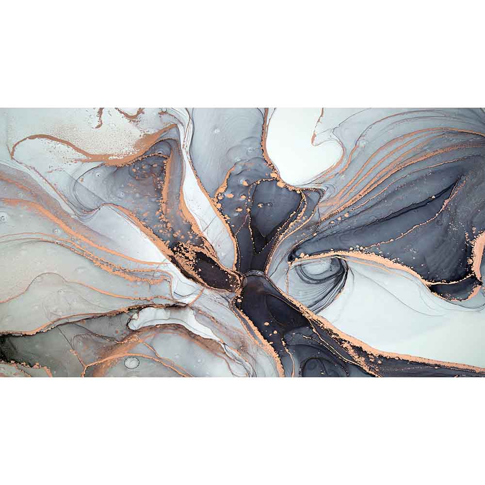 Quadro in plexiglass o vetro con pattern fluido marmorizzato in antracite, bianco ghiaccio e beige, ripreso frontalmente su sfondo neutro.