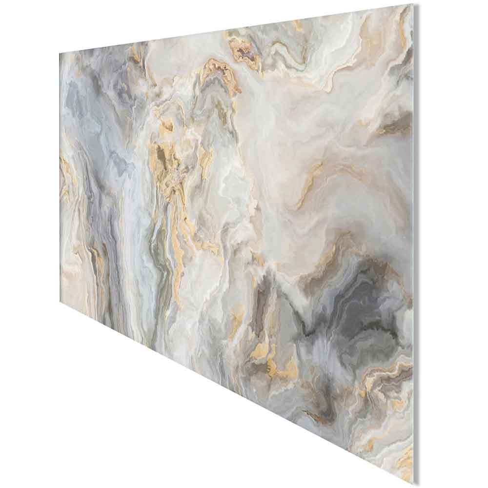 Quadro in plexiglass o vetro con marmo grigio, visto lateralmente per evidenziare texture e dettagli sofisticati.