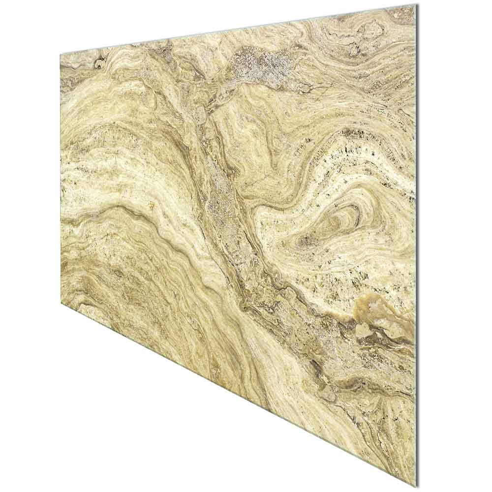 Quadro in plexiglass o vetro con texture sabbia e venature chiare, visione angolata con effetto vetro in primo piano.