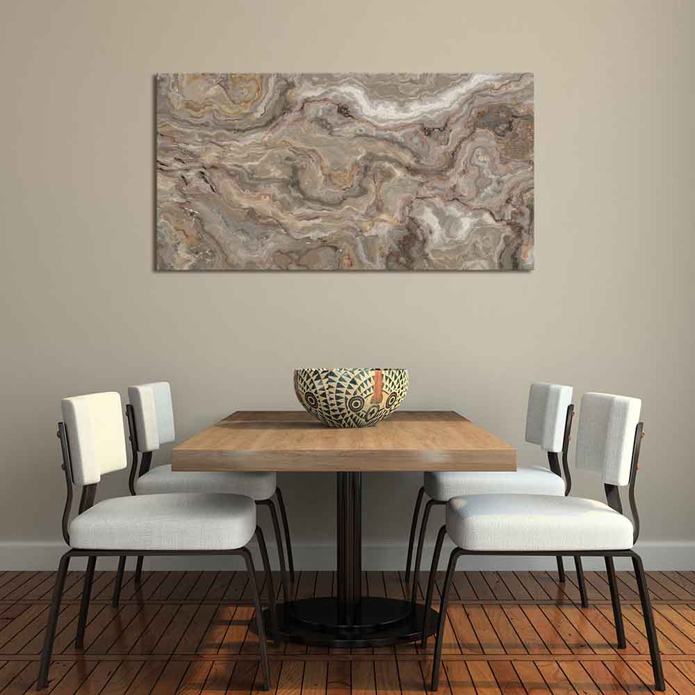 Quadro in plexiglass o vetro effetto marmo dai toni tortora, posizionato in cucina per un look raffinato e moderno.