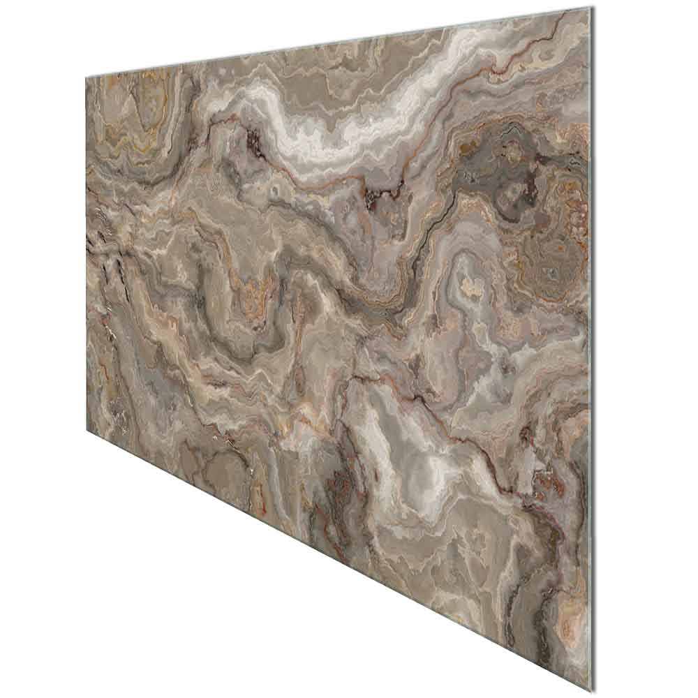 Quadro in plexiglass o vetro effetto marmo tortora, visto lateralmente per un look moderno e raffinato.