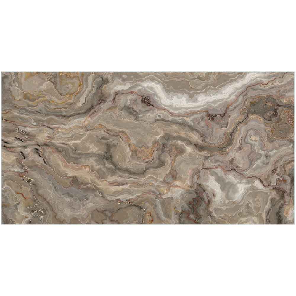 Quadro in plexiglass o vetro con sfumature tortora e trame marmoree irregolari, presentato frontalmente su fondo neutro.