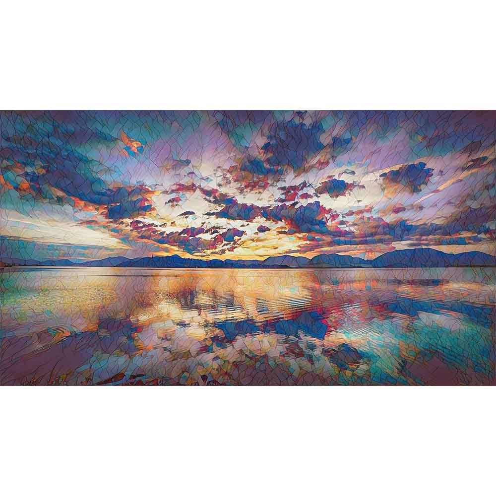 Quadro in plexiglass o vetro con scena naturale di lago e montagne, colori accesi e frammentazione visiva in stile mosaico, vista frontale.
