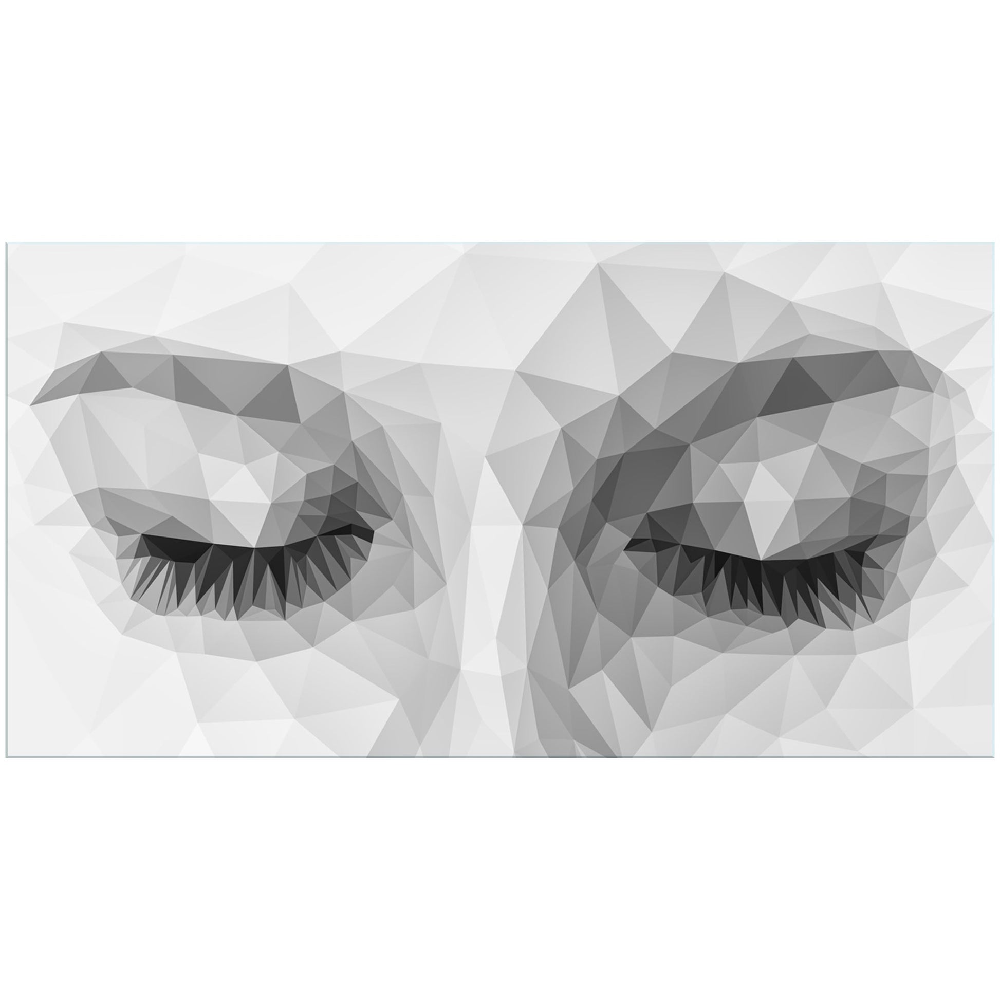 Quadro in plexiglass o vetro con volto femminile ad occhi chiusi, realizzato con geometrie triangolari in bianco, nero e sfumature grigie.