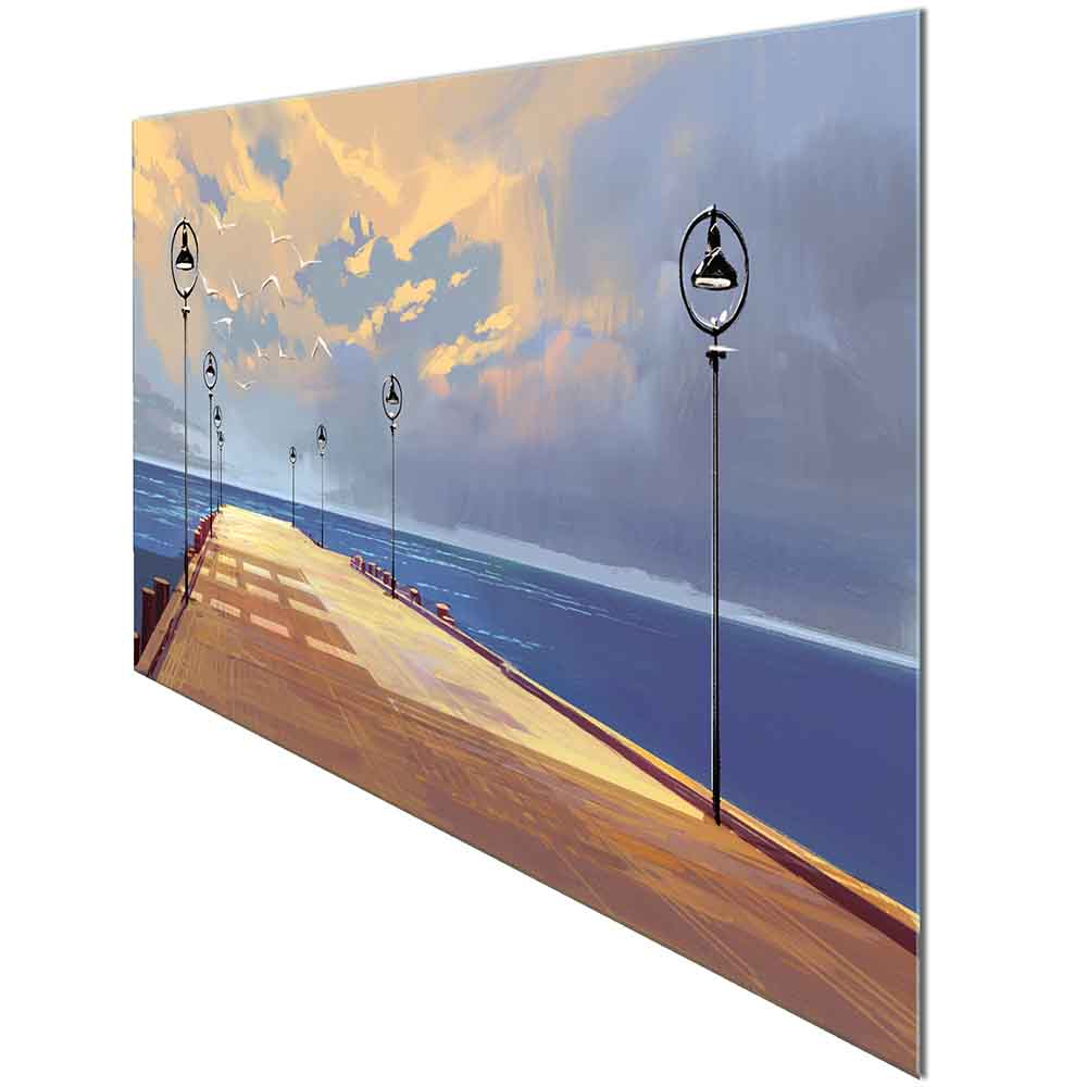 Quadro in plexiglass o vetro con un pontile illuminato, vista laterale che evidenzia la prospettiva e la luce soffusa.