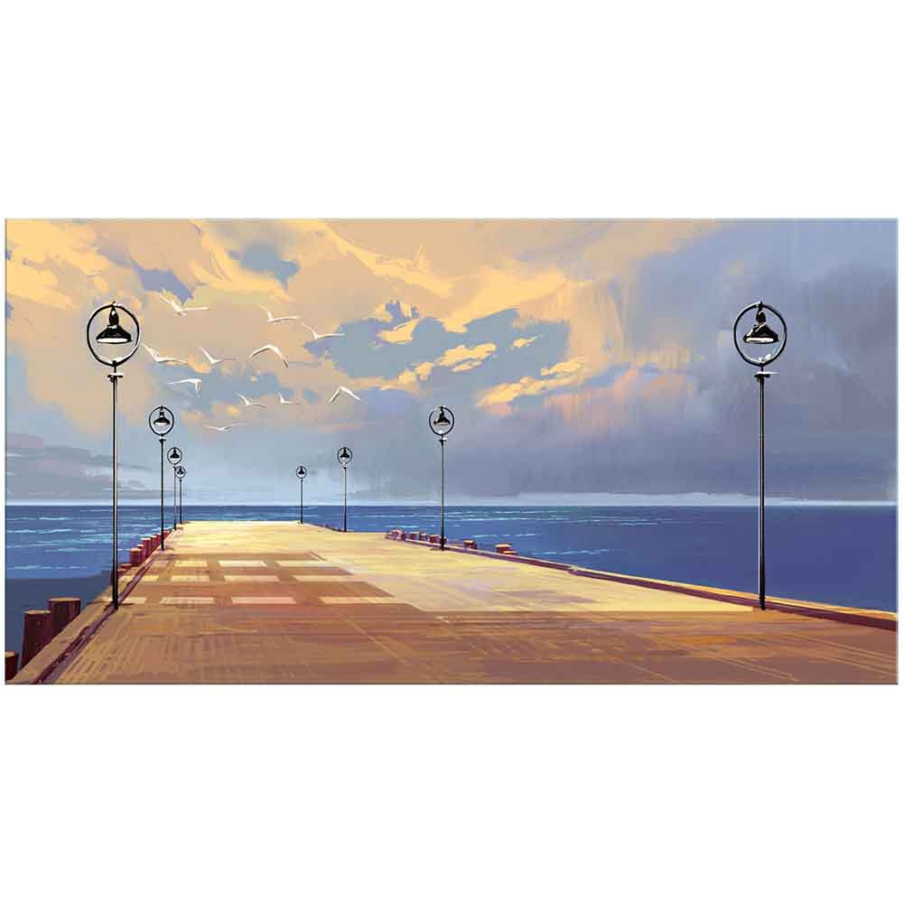 Quadro in plexiglass o vetro con un pontile illuminato da lampioni serali, creando un’atmosfera romantica e sognante.