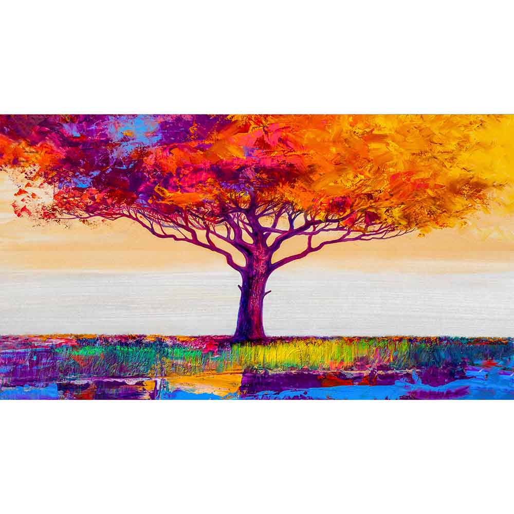 Quadro in plexiglass o vetro con un albero stilizzato dai colori vivaci, che dona un tocco artistico e moderno all’ambiente.