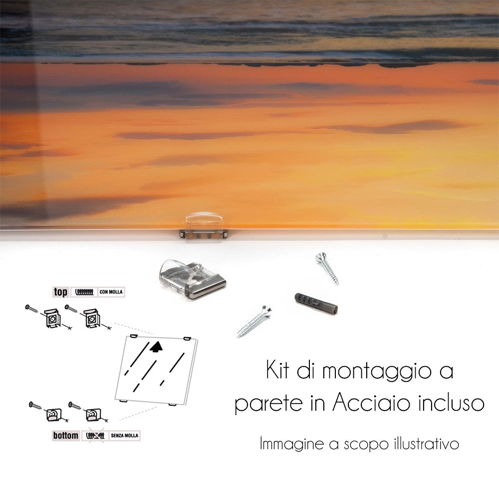 Quadro in vetro con kit montaggio a parete in acciaio incluso: gancio clip, viti e tassello per installazione sicura a muro