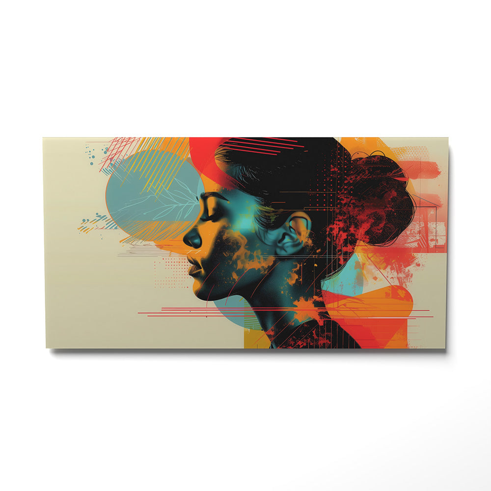 Quadro in vetro profilo di donna laterale su fondo crema con cerchio azzurro rosso forme arancioni e texture a inchiostro scuro