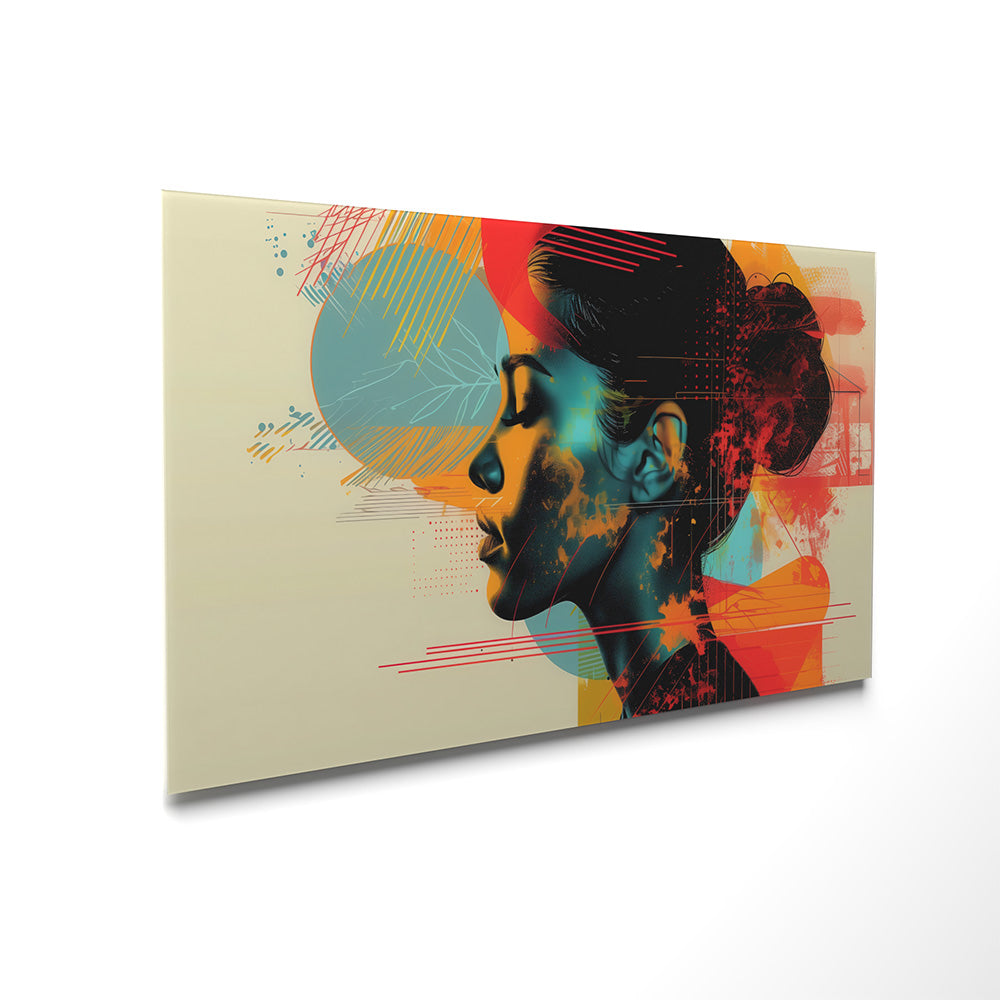 Quadro in vetro vista laterale con profilo femminile astratto cerchio teal rosso schizzi arancioni tratti lineari rossi su beige