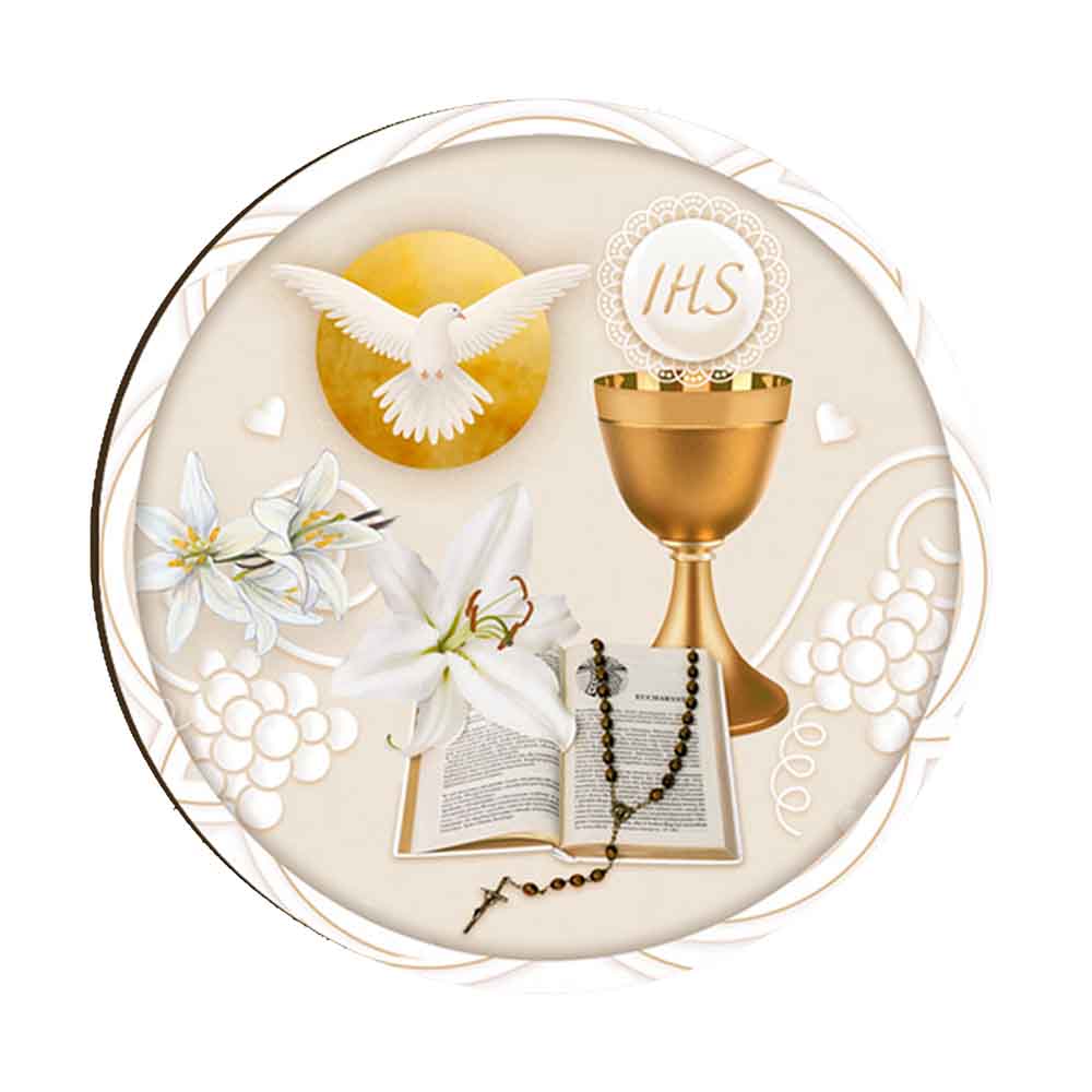 Magnete in legno con simboli della comunione: calice dorato, ostia IHS, colomba, gigli bianchi, uva e rosario.