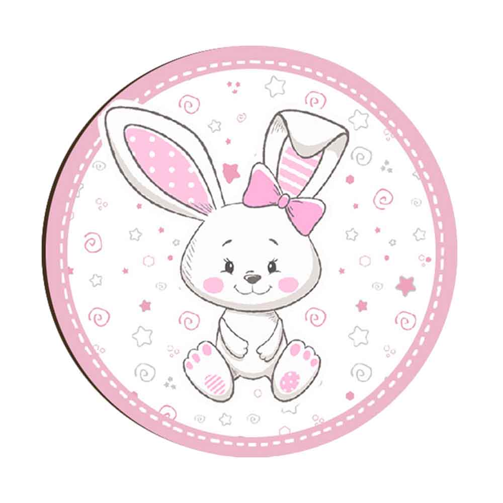 Magnete in legno con coniglietta bianca, fiocco rosa e sfondo con stelline rosa.