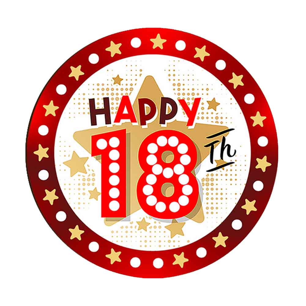 Magnete in legno con scritta 'Happy 18th' rossa, stelle decorative e bordo rosso punteggiato a tema festoso.