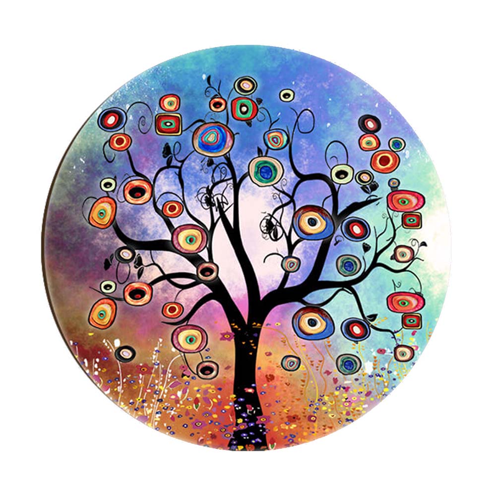 Magnete in legno con albero nero su sfondo arcobaleno, rami ricchi di fiori concentrici colorati e forme vivaci.