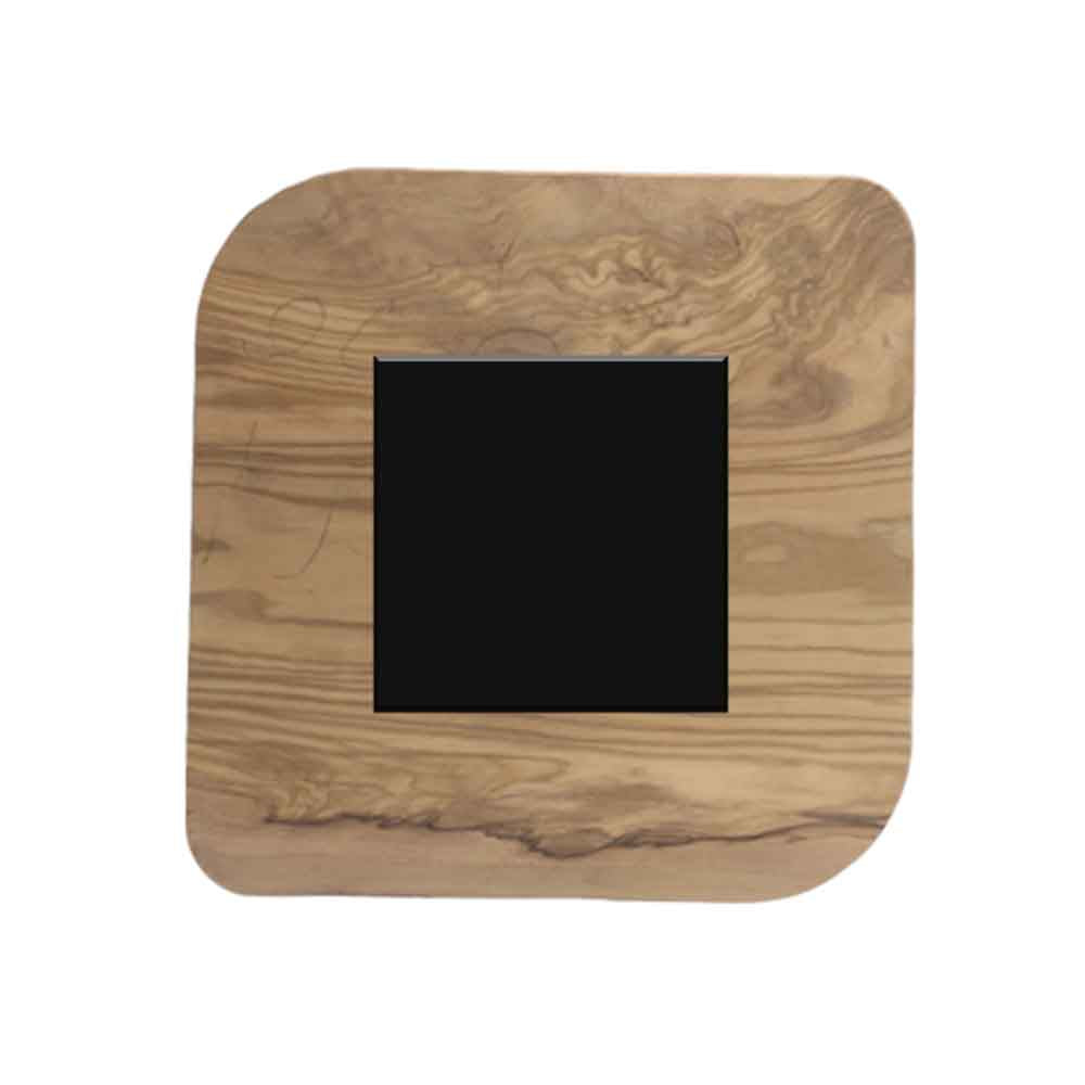 Retro del magnete in legno di ulivo, superficie liscia e naturale con venature caratteristiche.