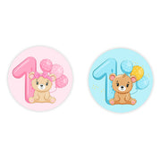 Coppia di calamite tonde in legno per primo compleanno. Orsetti con palloncini e numero uno grande, versioni rosa e azzurro per bimbo e bimba.