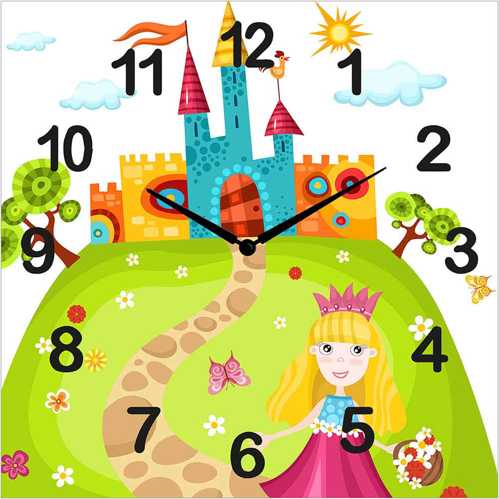 Orologio alluminio quadrato con castello e principessa, dettagli fiabeschi e delicati. Adatto per la cameretta di una bambina.